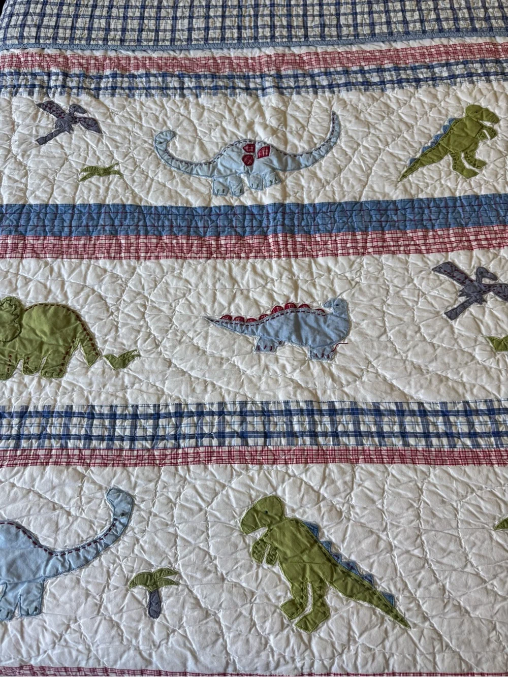 Pottery Barn Kids Dinosaur Appliqué Quilt in Cream, Blue, Green